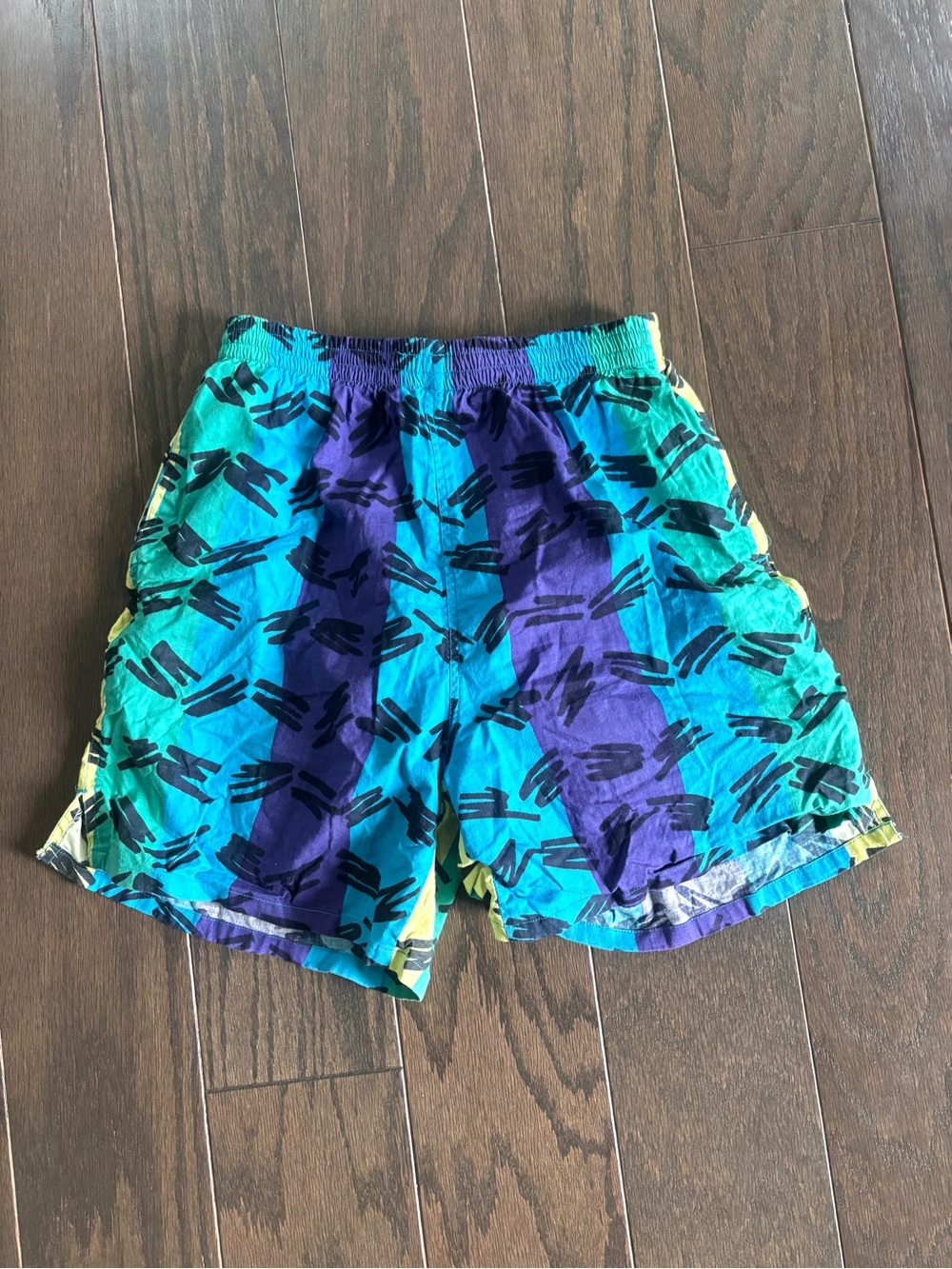 Vintage 90s Ocean Blue Boys Colorful, Abstract Print Swim Trunks/ Shorts- Sz M.